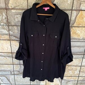 Women Within 1X 100% Cotton  Black Button Top